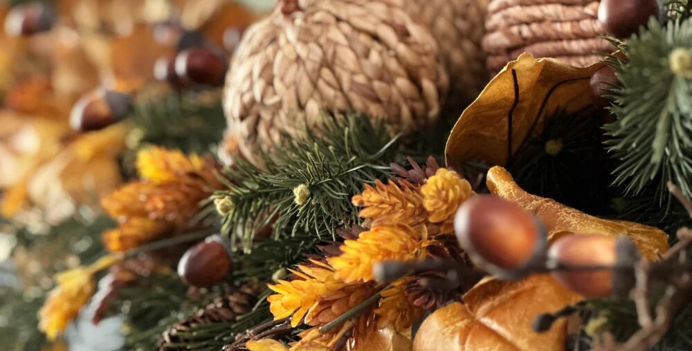 rattan pumpkins on mantel