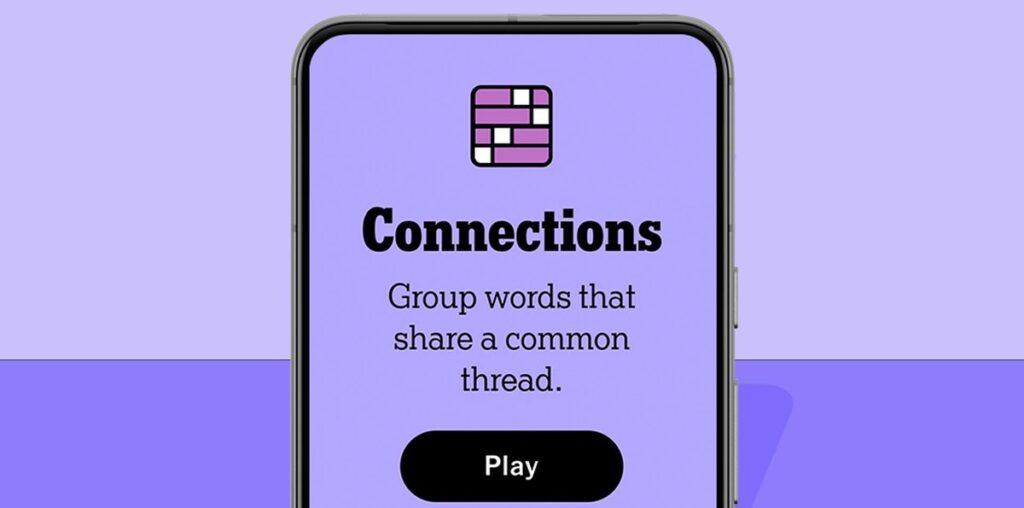 NYT Connections homescreen on a phone, on a purple background