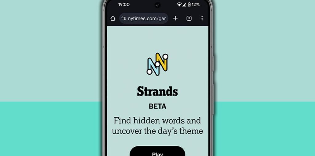 NYT Strands homescreen on a mobile phone screen, on a light blue background