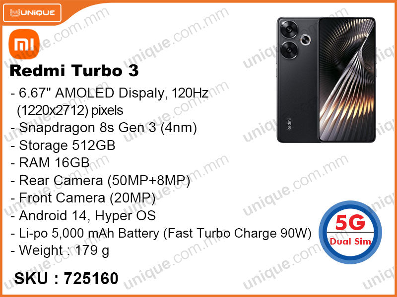 Redmi Turbo 3 5G 16GB, 512GB Black (Without Warranty)