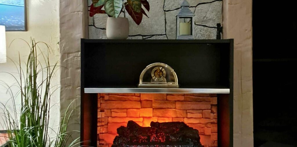 faux fireplace made from IKEA BILLY bookcase