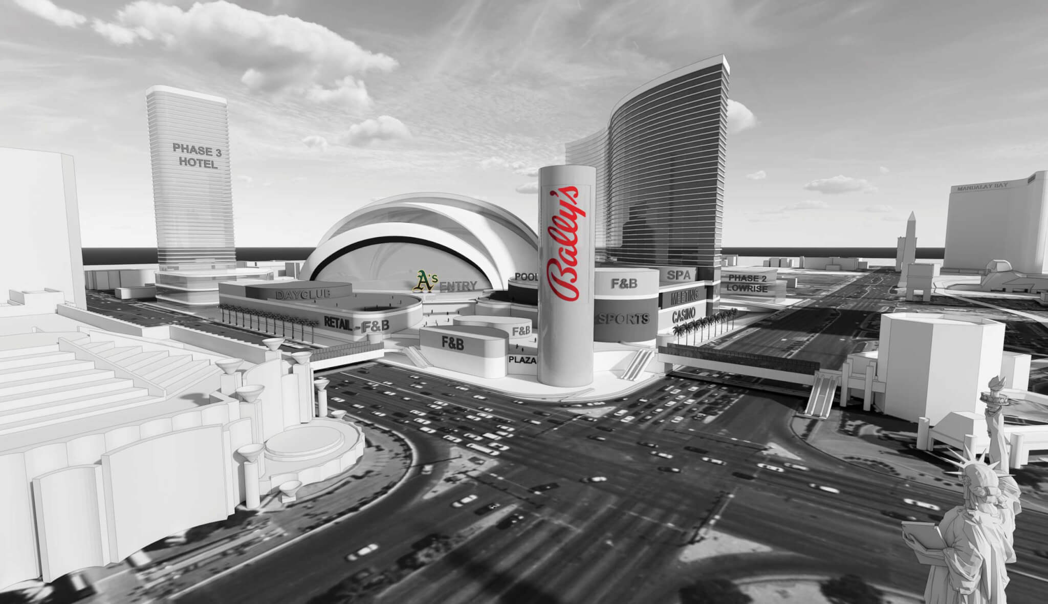 Bally’s has a plan to surround BIG-designed Oakland A’s Las Vegas stadium with hotel and casino towers