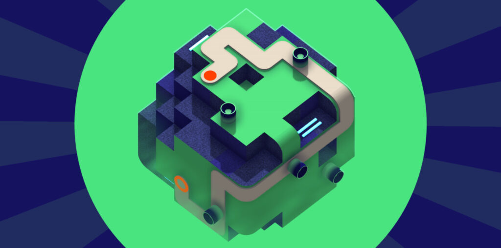 A screenshot from the game Rytmos that depicts a floating cube-like shape with a puzzle covering its sides. The shape is set against a green and blue background.