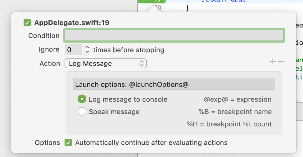 Xcode breakpoint action