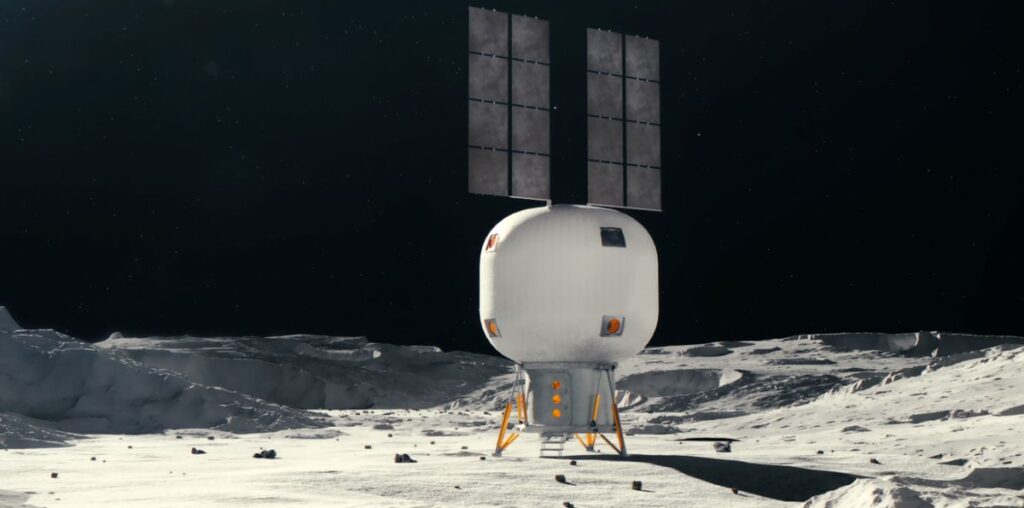 Artist's illustration of a white inflatable habitat on the moon.