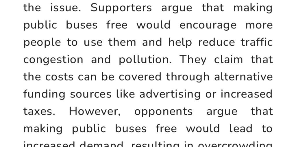 A simple text screen that summarizes an article about whether buses should be free.