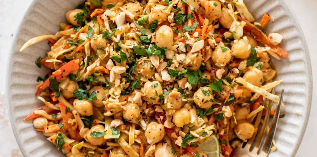 chickpea crunch salad with peanut dressing