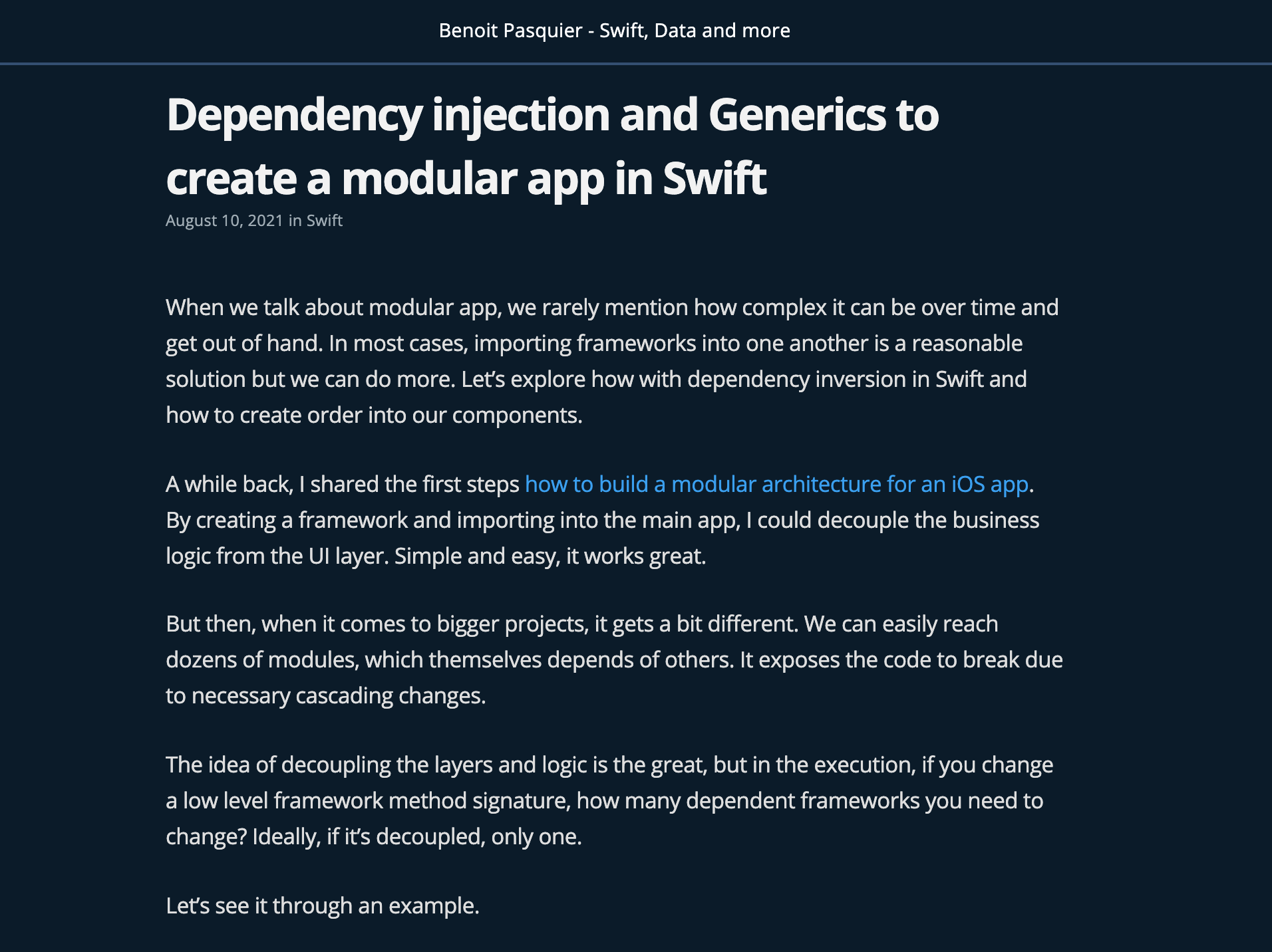 Dependency injection and Generics to create a modular app in Swift