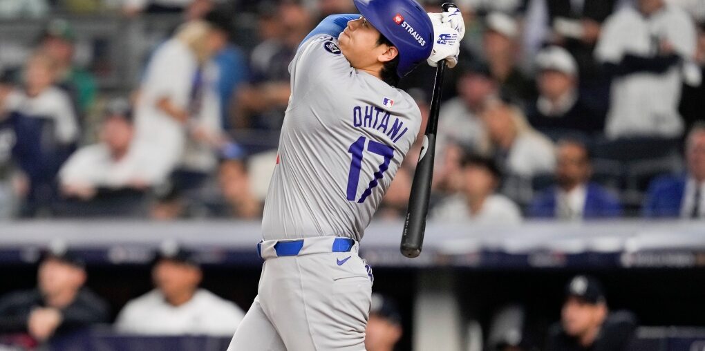 Los Angeles Dodgers' Shohei Ohtani flies out to centre during the first inning in Game 5 of the baseball World Series against the New York Yankees, Wednesday, Oct. 30, 2024, in New York. (Ashley Landis/AP Photo)