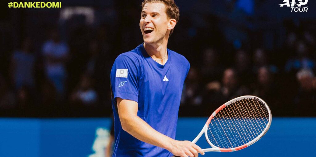 Dominic Thiem in exhibition action during his farewell celebrations Sunday in Vienna.