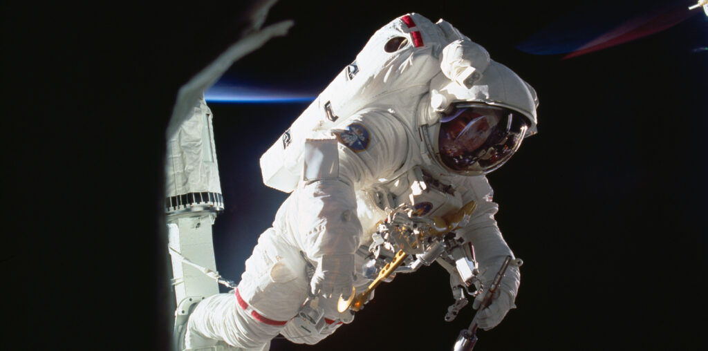 Soviet cosmonaut Svetlana Y. Savitskaya during her historic spacewalk outside the Salyut 7 space station