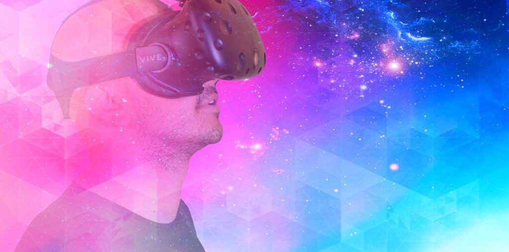 A person wearing a VR headset against and abstract backdrop