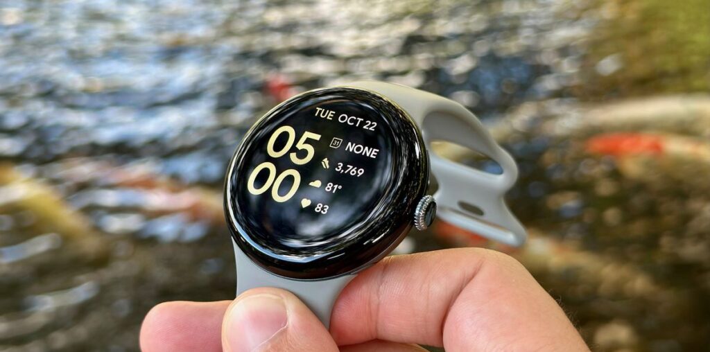 A close up of an info-packed watch face on the Google Pixel Watch 3, held above a pond