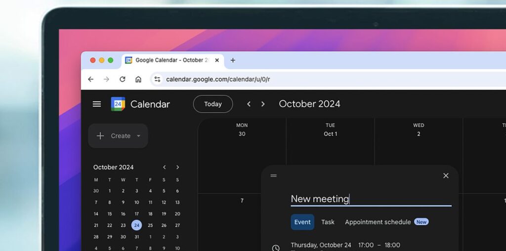 A laptop screen showing Google Calendar's new dark mode