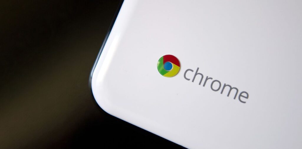 A close up of the Chrome logo on a Chromebook