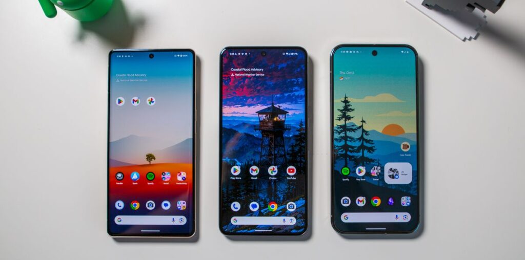 Google Pixel 9 Pro XL next to Pixel 8 Pro and Pixel 7 Pro showing displays