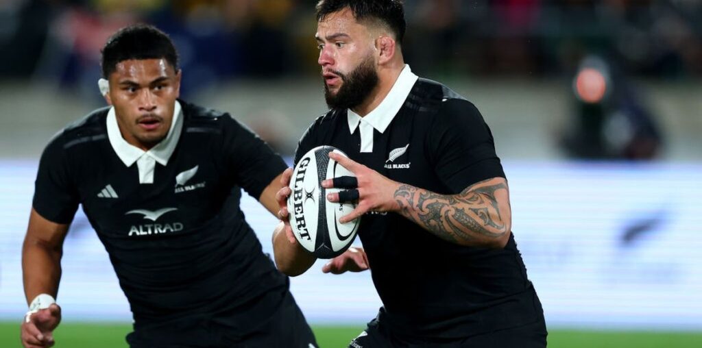 Tyrel Lomax of New Zealand charges forward during The Rugby Championship &amp; Bledisloe Cup match between New Zealand and Australia ahead of the All Blacks' Autumn International 2024 tour