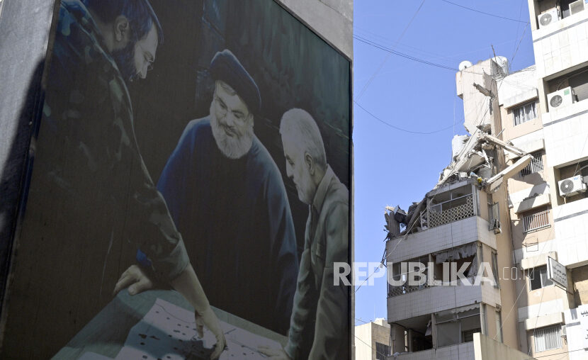 Kondisi bangunan yang hancur akibat serangan udara Israel di pinggiran selatan Beirut, Lebanon, Rabu (31/7/2024).