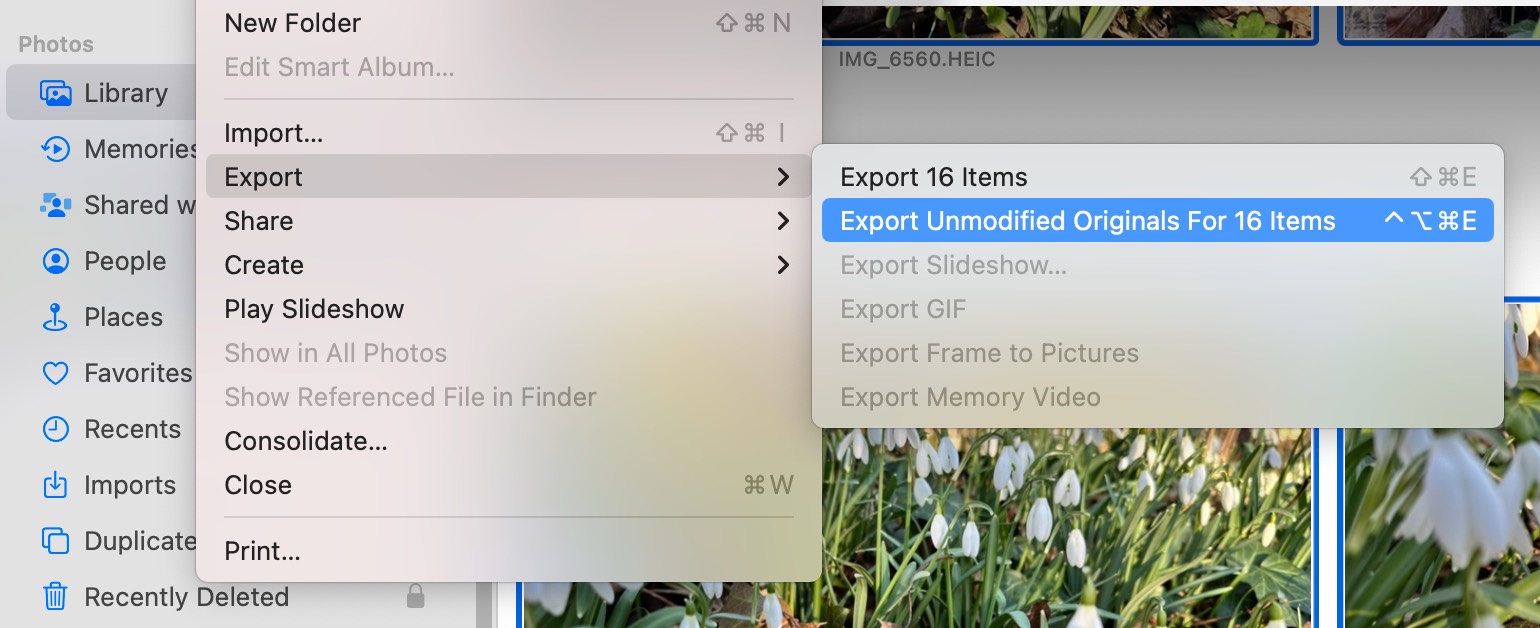 Keyboard shortcuts for Export Unmodified Original in Photos for Mac