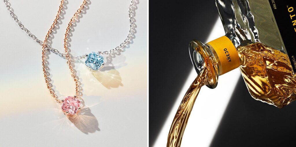 Two images side by side: The left image shows two necklaces with pink and blue gemstones on silver and rose gold chains against a light background. The right image shows golden liquid pouring from a bottle labeled "Añejo" in bold letters against a dark background.