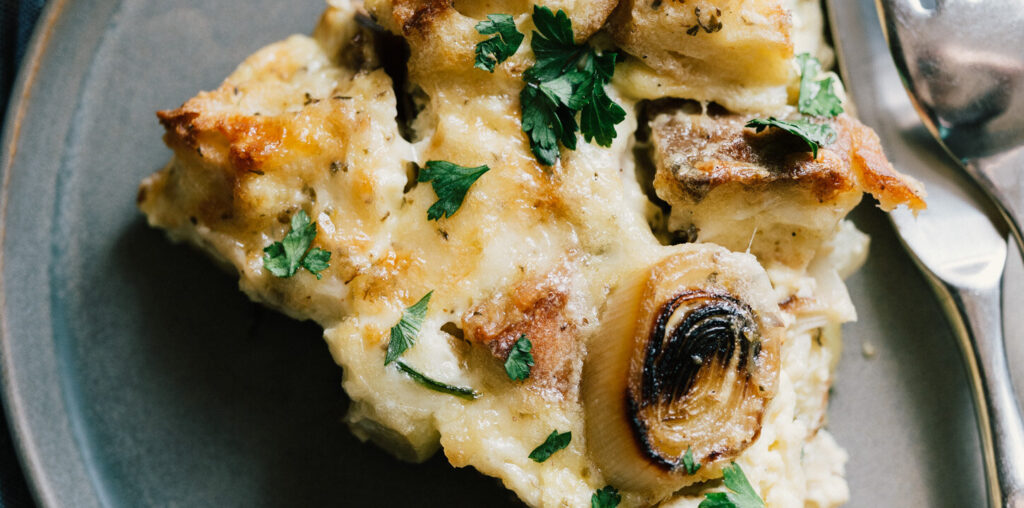 MUSHROOM, LEEK + GRUYERE STRATA — Sprouted Kitchen