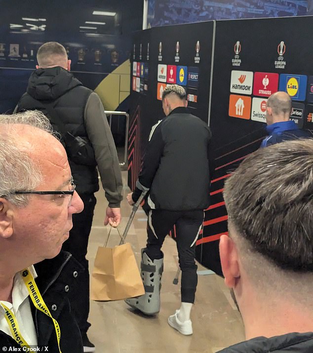 Man United winger Antony is spotted on crutches after being taken off on a stretcher in 1-1 draw with Fenerbahce