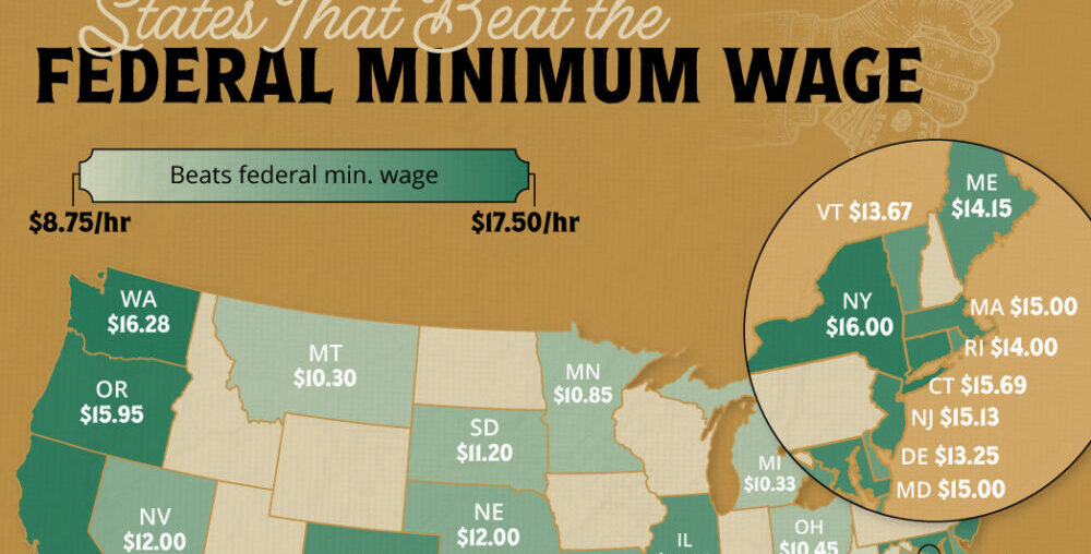 This cropped map has the U.S. states that beat the federal minimum wage and along with their minimums.