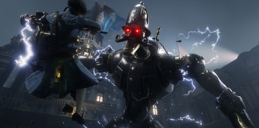 In a screenshot from Lies of P, an enormous humanoid robot with glowing red eyes and electrical bolts surrounding its body clutches the character of P and holds him in the air.