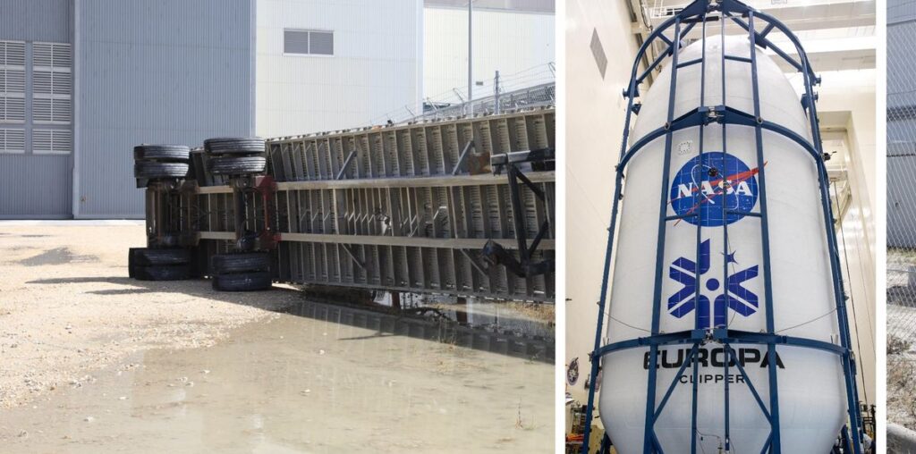 An overturned flatbed truck trailer on its side at NASA's Kennedy Space Center after Hurricane Milton.