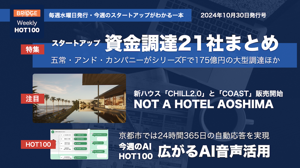 NOT A HOTEL AOSHIMA、新ハウス販売開始・広がるAI音声活用／今週の資金調達21社まとめ【Weekly HOT100／10月30日】 – BRIDGE（ブリッジ）テクノロジー＆スタートアップ情報