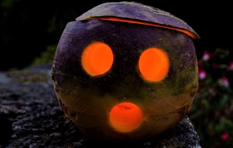 Spooky! A jack-o-lantern made from a turnip.