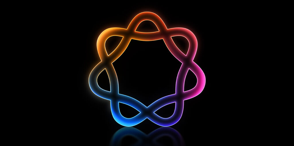 A circular icon with interlocking shapes with glowing orange, purple, and blue edges, set against a black background.