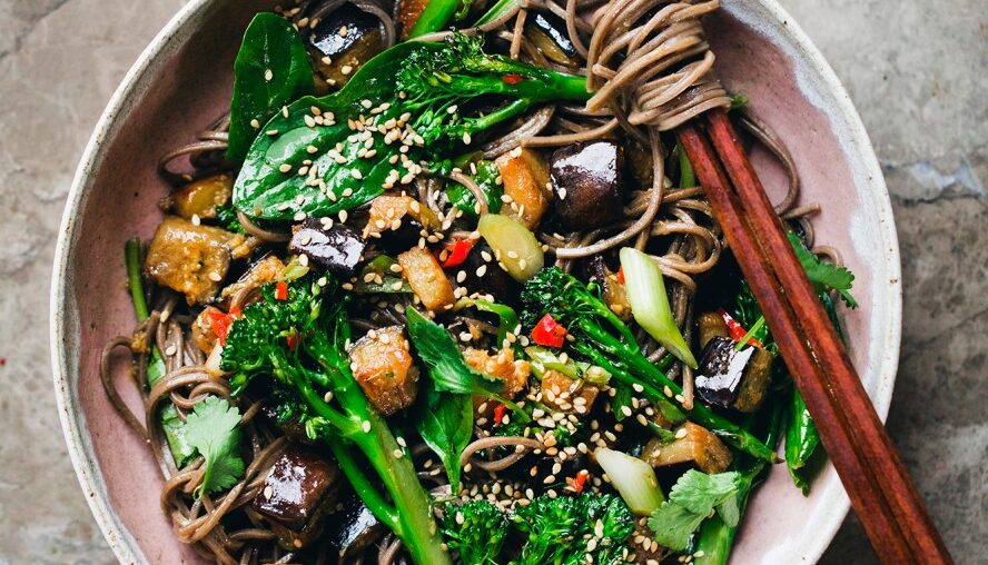 Soba Salad with Miso and Ginger Aubergine + Broccoli —