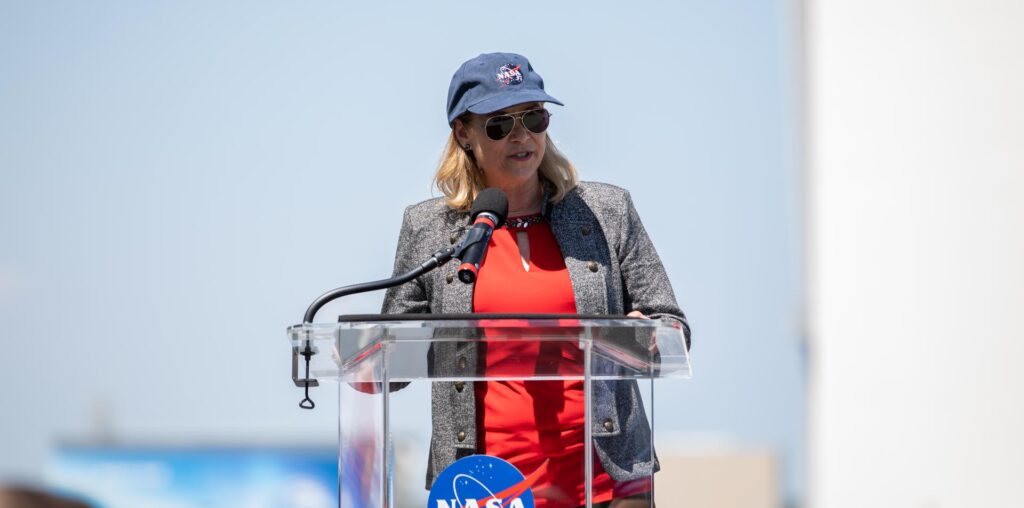 Image of Kennedy Space Center Director Janet Petro speaking to a crowd.