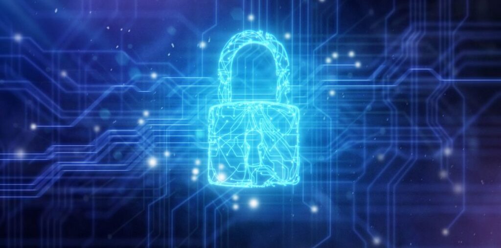 Padlock against circuit board/cybersecurity background