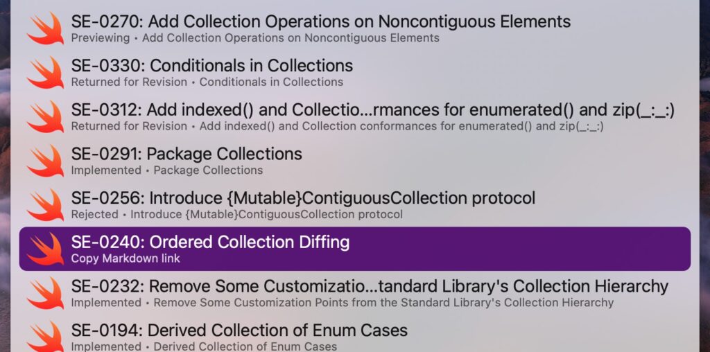 Alfred window on macOS displaying a text field containing 'se collection'. Below it is a list of 9 Swift Evolution proposals matching the search query. The sixth list item is selected.