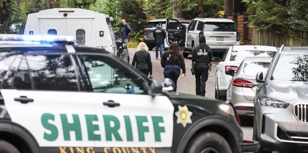 Police arrive on the scene of a shooting in Fall City, Washington, Monday, Oct. 21, 2024. (Kevin Clark/The Seattle Times via AP)