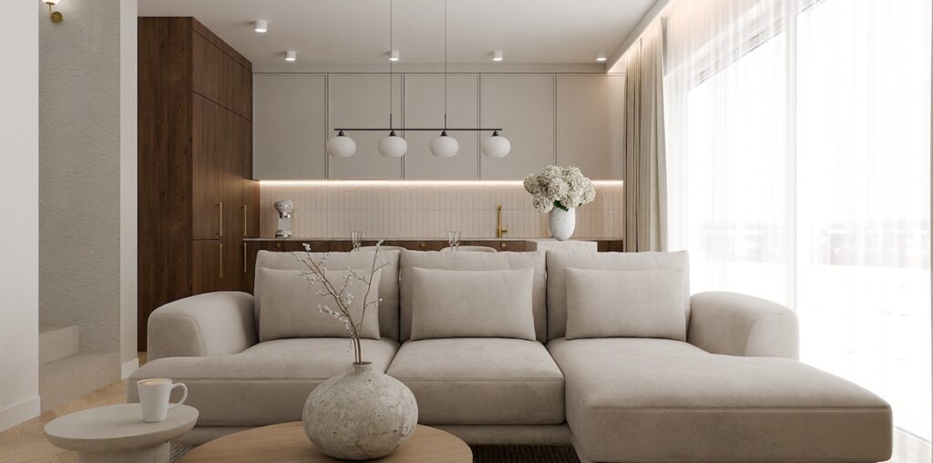 beige living room with sectional