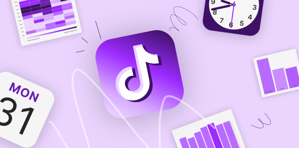 the tiktok, calendar, clock and graph symbols scattered on a purple background to illustrate the best time to post on TikTok