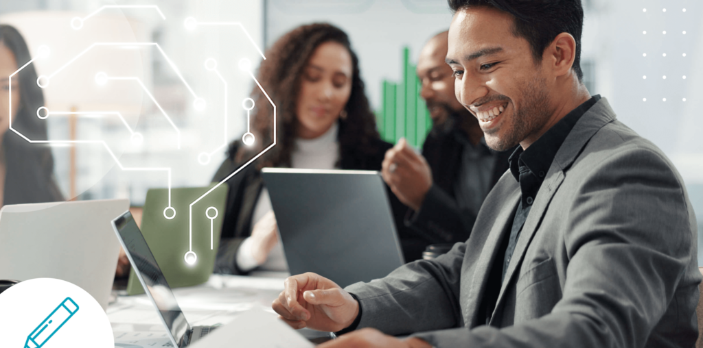 A smiling professional in a business meeting working on a laptop with an abstract AI circuit design overlay.