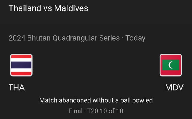 The final match of the Bhutan Quadrangular series between Thailand and the Maldives has been abandoned due to rain.