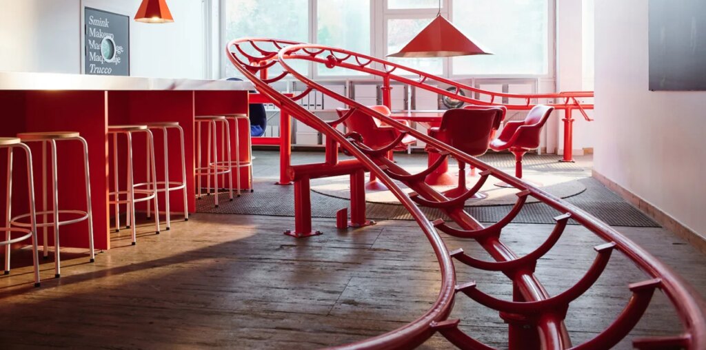 Think your office is fun? This Swedish studio has a fully-functioning indoor roller coaster