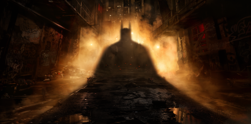 Batman posing in an alley, his shadow darkens the street, in Arkham Shadow