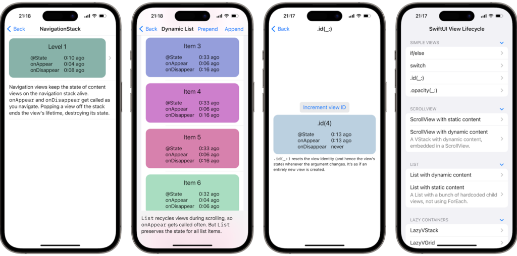 iPhone screenshots of the SwiftUI View Lifecycle app