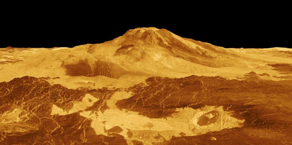 Computer generated three-dimensional perspective of the surface of Venus including the volcano Maat Mons.