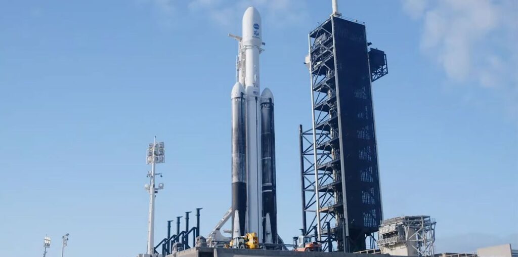 A triple booster SpaceX Falcon Heavy rocket carrying NASA