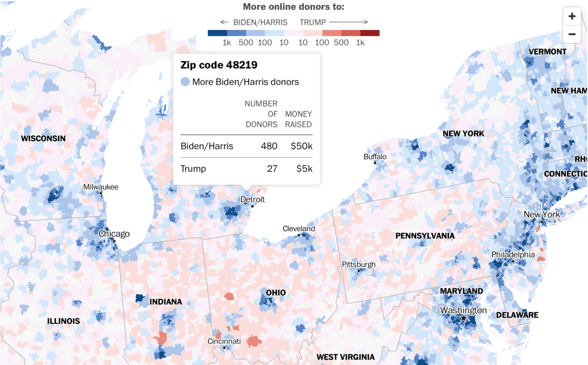 Which campaign people donate more to, by ZIP code