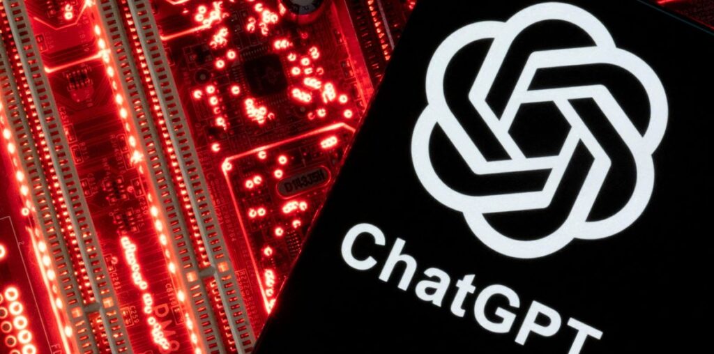 ChatGPT logo with circuitry in the background.