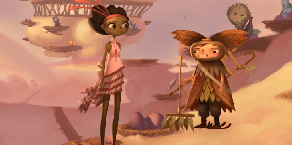 Screenshot from Broken Age. A tall girl in a pink dress is talking to a shorter girl in a bird costume. They are standing on a cloud.