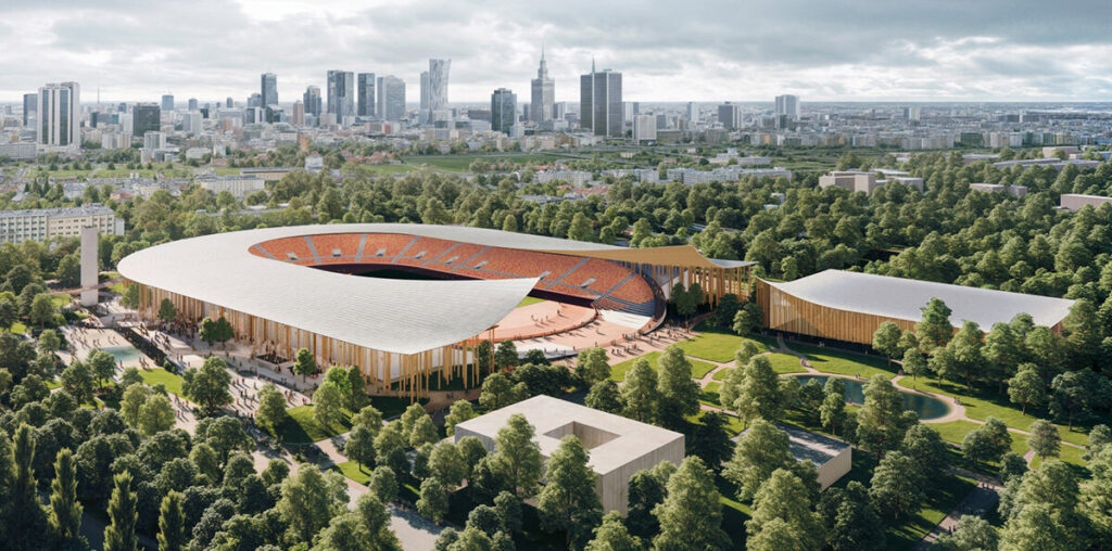 curved roof expands upwards inviting sunlight within warsaw SKRA park stadium